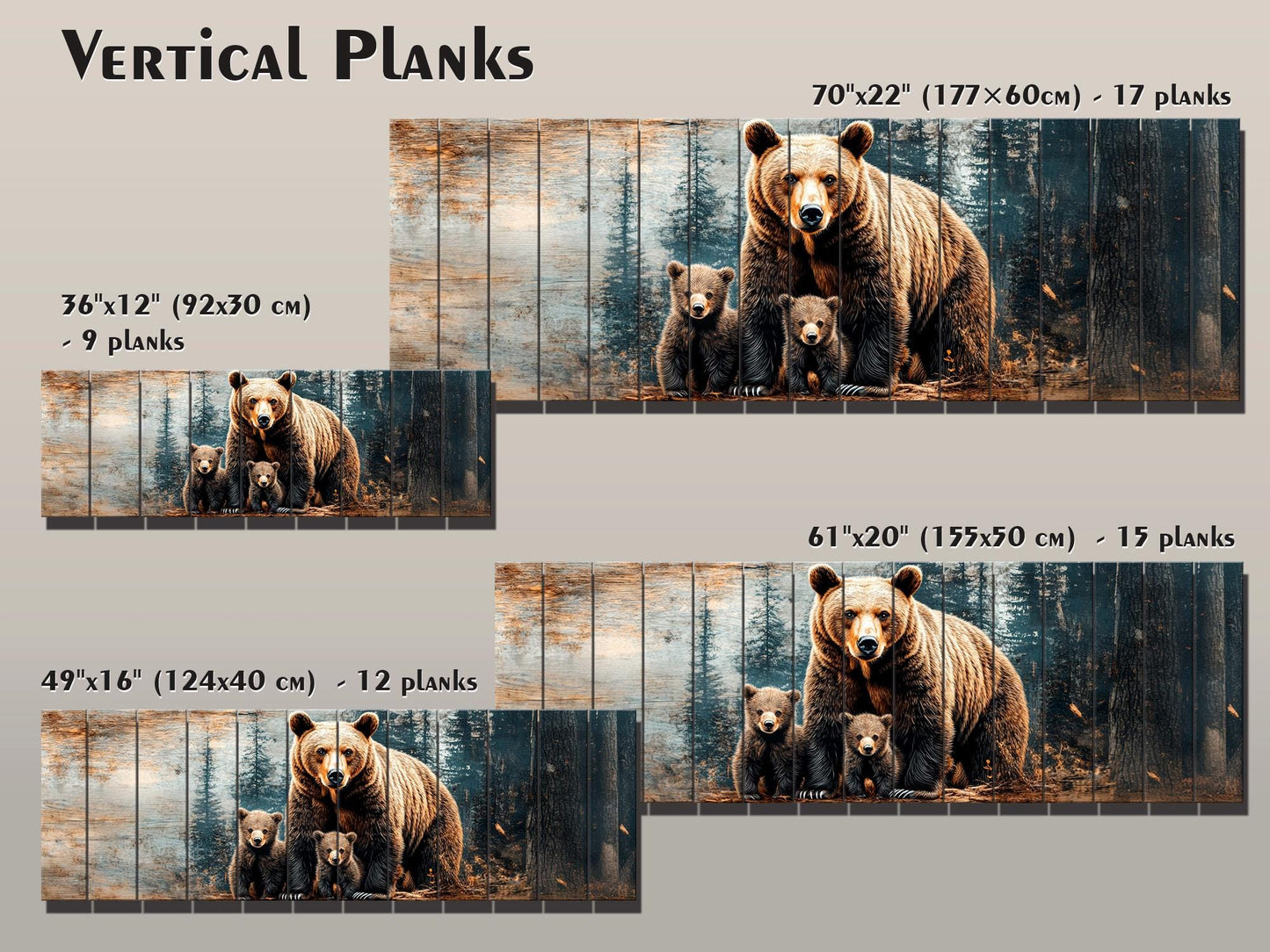 Grizzly Bear Wall Art - Rustic Wood Print with Bear Family Painting on Natural Wood Planks