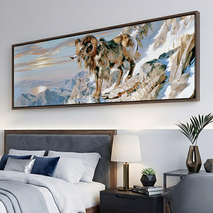 a large painting of a ram on a snowy mountain, hanging on a wall above a bed with white bedding.