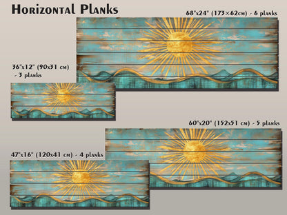 Abstract Golden Sun Over Turquoise Waves Print on Natural Wood, Boho Sunrise Print, Rustic Sun Painting, Boho Wall Decor, Wood in Interior