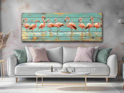 Wood Wall Art – Flock of Graceful Flamingos Print on Natural Wood, Rustic Flamingo Painting, Flamingo Wall Art, Soft Tones Birds Wall Art