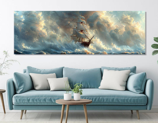 Vintage Sailing Boat Painting – Stormy Sea Art | Framed Canvas Print, Nautical Wall Decor