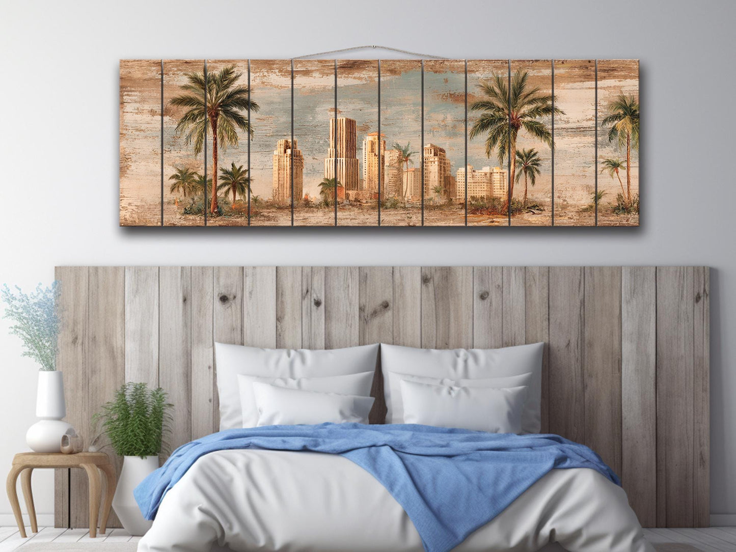 Miami Skyline Wood Print – Vintage Art Deco Cityscape on Rustic Wood Panels