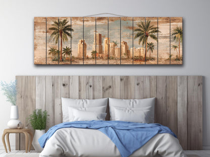 Miami Skyline Wood Print – Vintage Art Deco Cityscape on Rustic Wood Panels