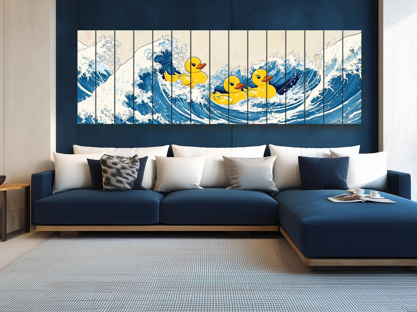 Rubber Ducks on The Great Wave off Kanagawa Print on Natural Wood – Fun Wall Art