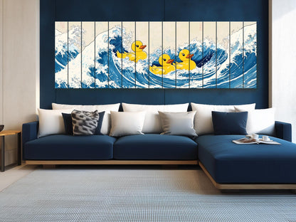 Rubber Ducks on The Great Wave off Kanagawa Print on Natural Wood – Fun Wall Art