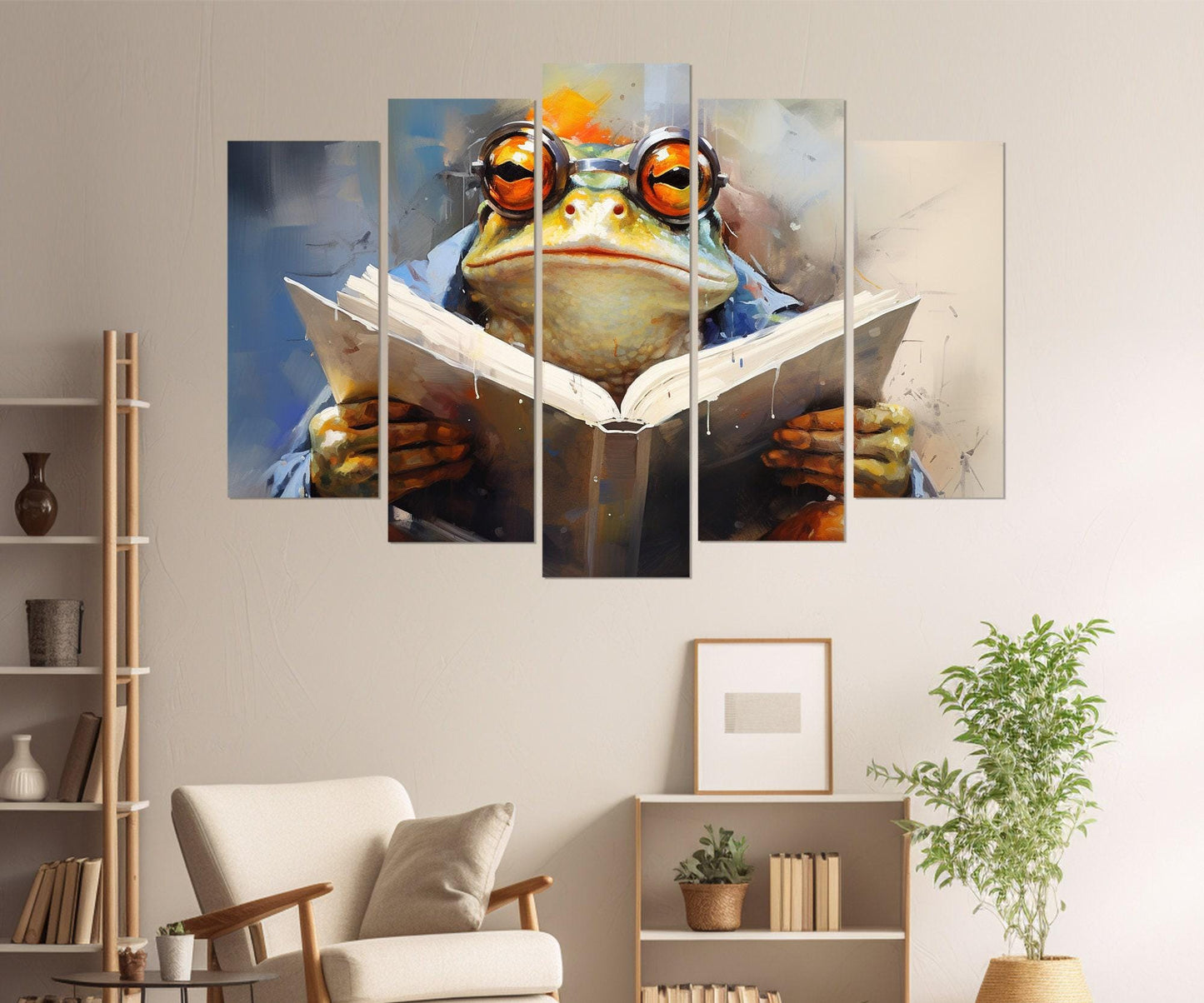 Frog in Glasses Reading Book Abstract Painting Canvas Print, Kids Room Decor, Nursery Wall Art, Framed and Ready to Hang