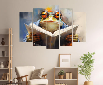 Frog in Glasses Reading Book Abstract Painting Canvas Print, Kids Room Decor, Nursery Wall Art, Framed and Ready to Hang