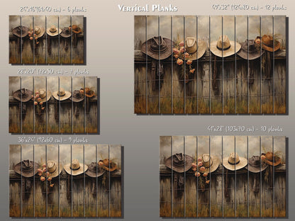 Rustic Fence Wall Art – Wooden Wall Decor with Hanging Hats Print on Natural Wood
