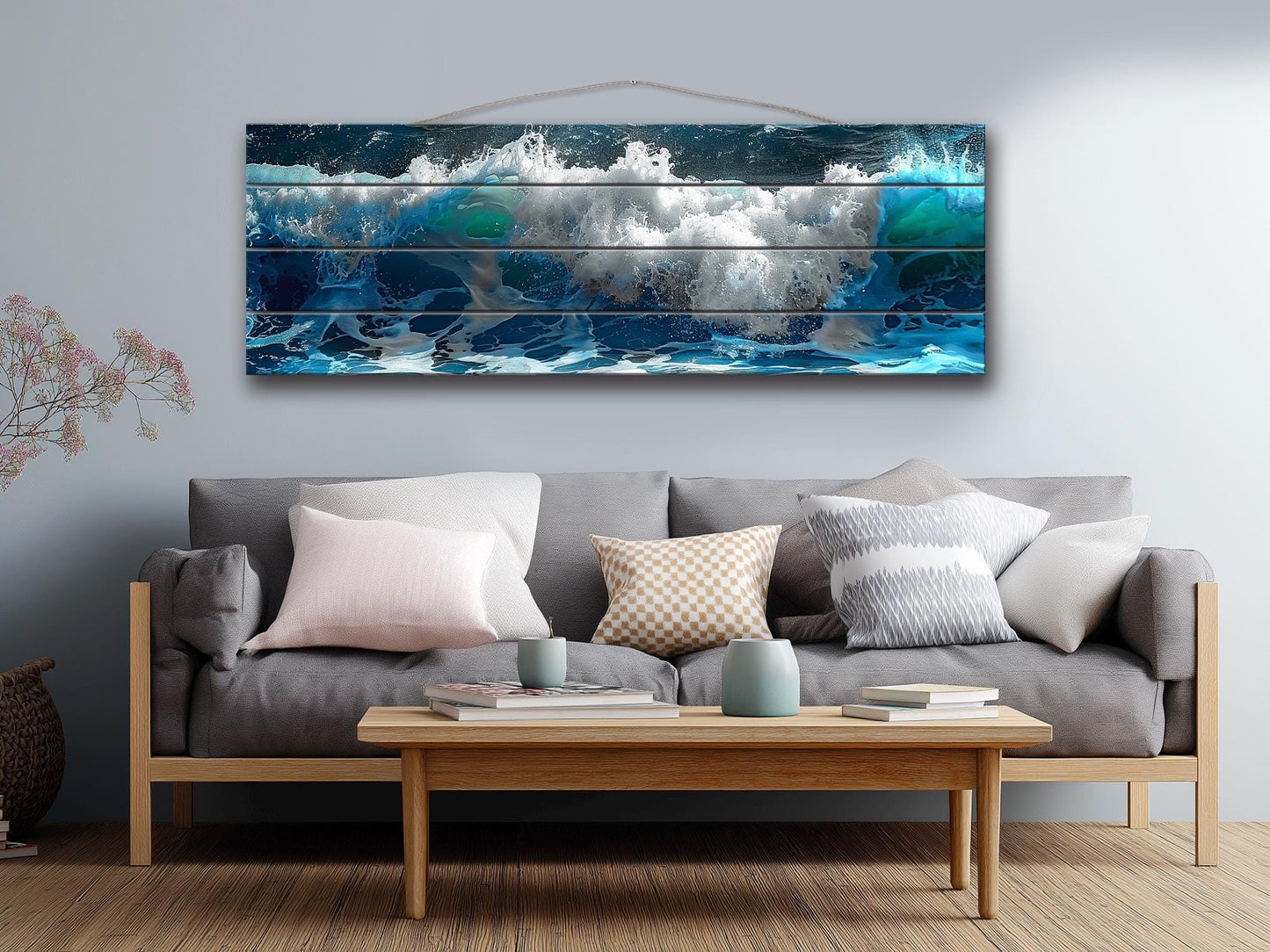 Ocean Wall Decor - Natural Wood Art with Deep Blue Ocean Waves Print, Ready to Hang