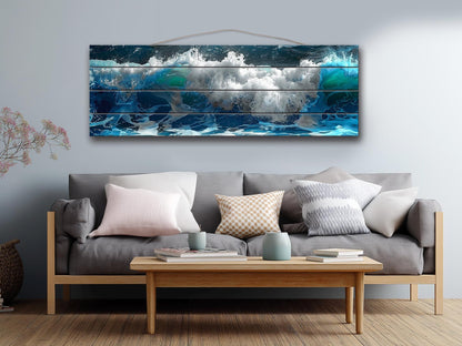 Ocean Wall Decor - Natural Wood Art with Deep Blue Ocean Waves Print, Ready to Hang