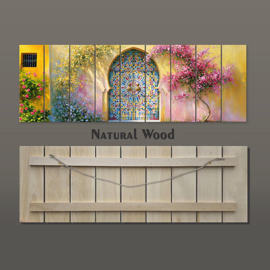 The image is a collage of multiple images depicting a stained glass window, a tree, and a wooden door. The collage is titled "Natural Wood" and is composed of nine distinct images.