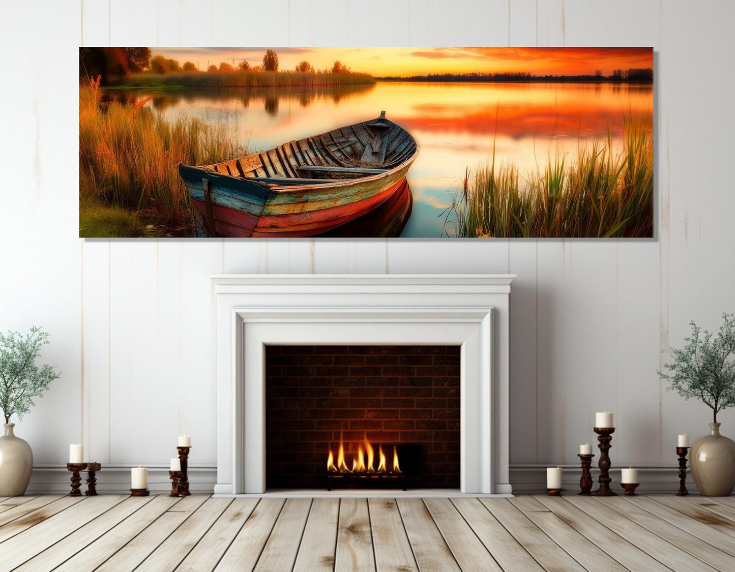 Wooden Boat Canvas Print – Scenic Sunset Lake Painting | Framed & Ready to Hang