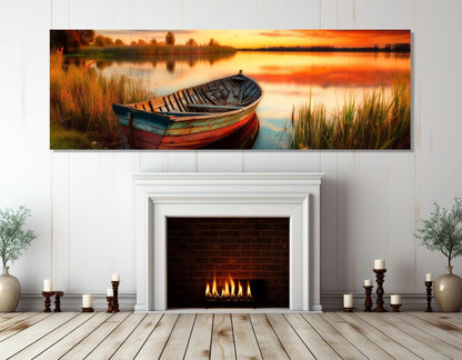Wooden Boat Canvas Print – Scenic Sunset Lake Painting | Framed & Ready to Hang