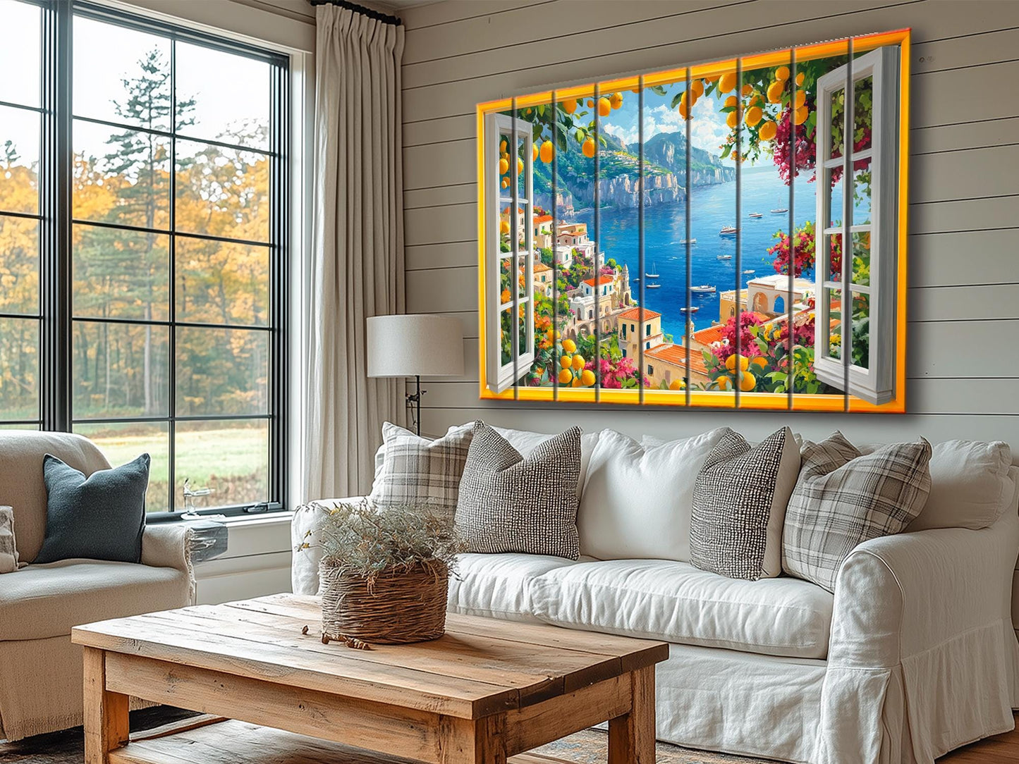 Amalfi Coast Wall Art - Rustic Wood Plank Artwork With Window View Print