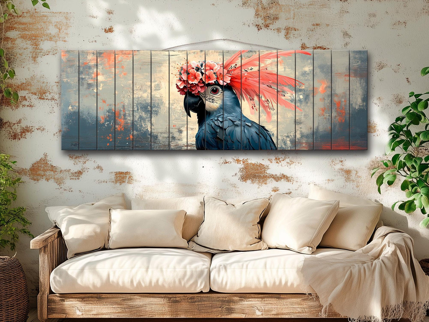 Wooden Wall Art - Abstract Parrot Painting on Natural Wood Planks | Rustic Tropical Bird Decor