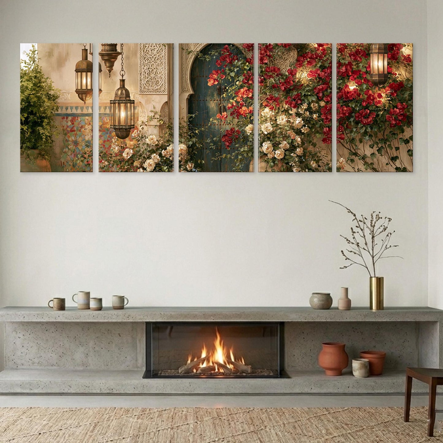 The image is a modern living room with a fireplace, a wooden shelf, and a decorative arrangement of flowers and lanterns.