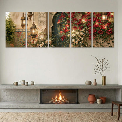 The image is a modern living room with a fireplace, a wooden shelf, and a decorative arrangement of flowers and lanterns.