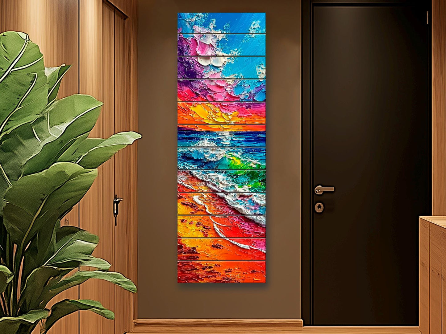 Vibrant Beach Scene Print on Wood, Colorful Coastal Painting, Summer Wall Art