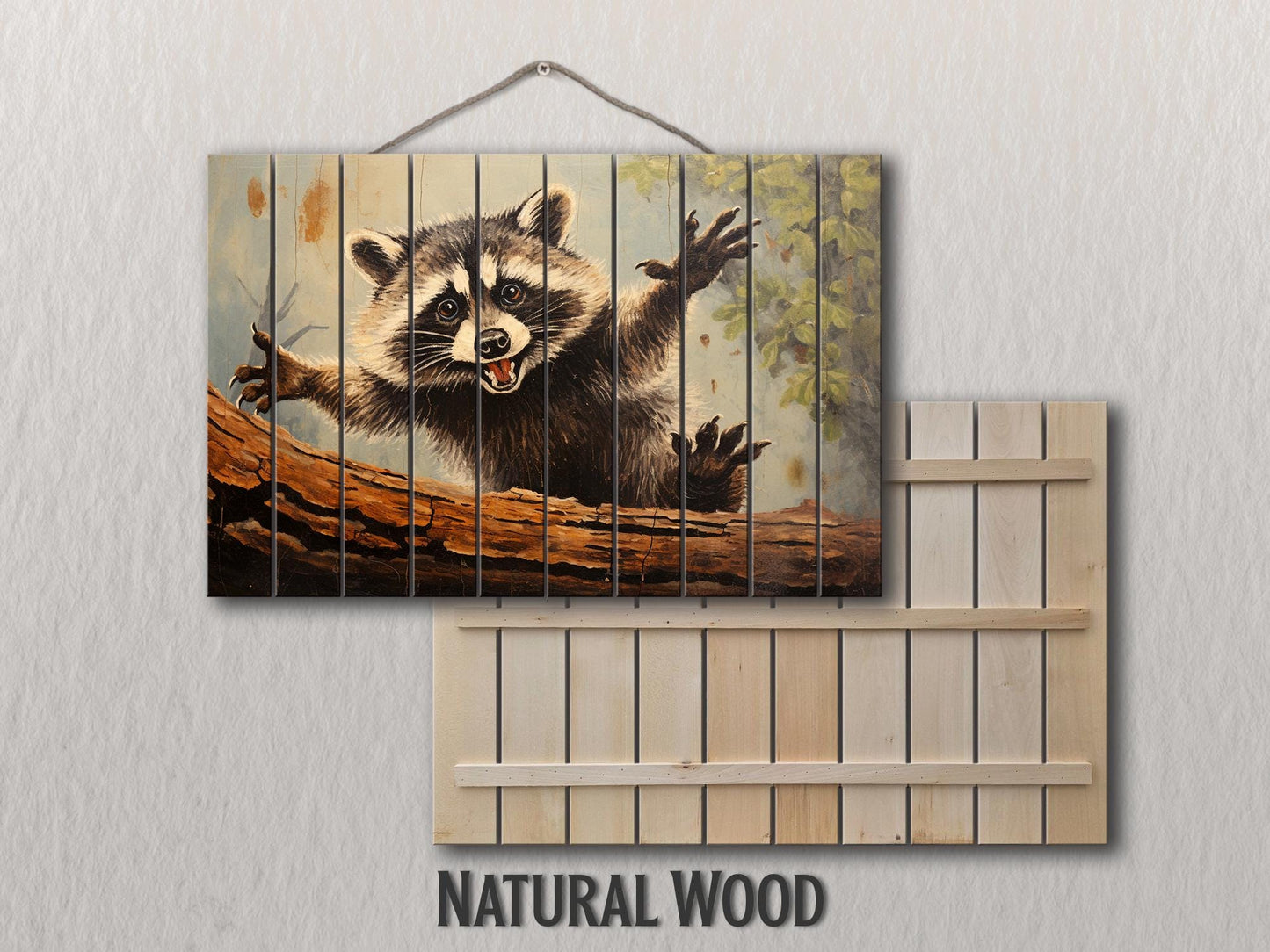 Rustic Woodland Wall Art – Happy Raccoon Wooden Wall Decor on Wood Planks