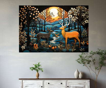 Fantasy Deer Canvas Print – Madhubani Style Framed Wall Art, Ready to Hang