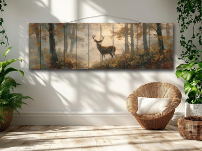Rustic Wood Wall Art - Majestic Deer in a Misty Enchanted Forest Print on Natural Wood, Soft Tones Deer Wall Art, Hunting Cabin Wall Decor