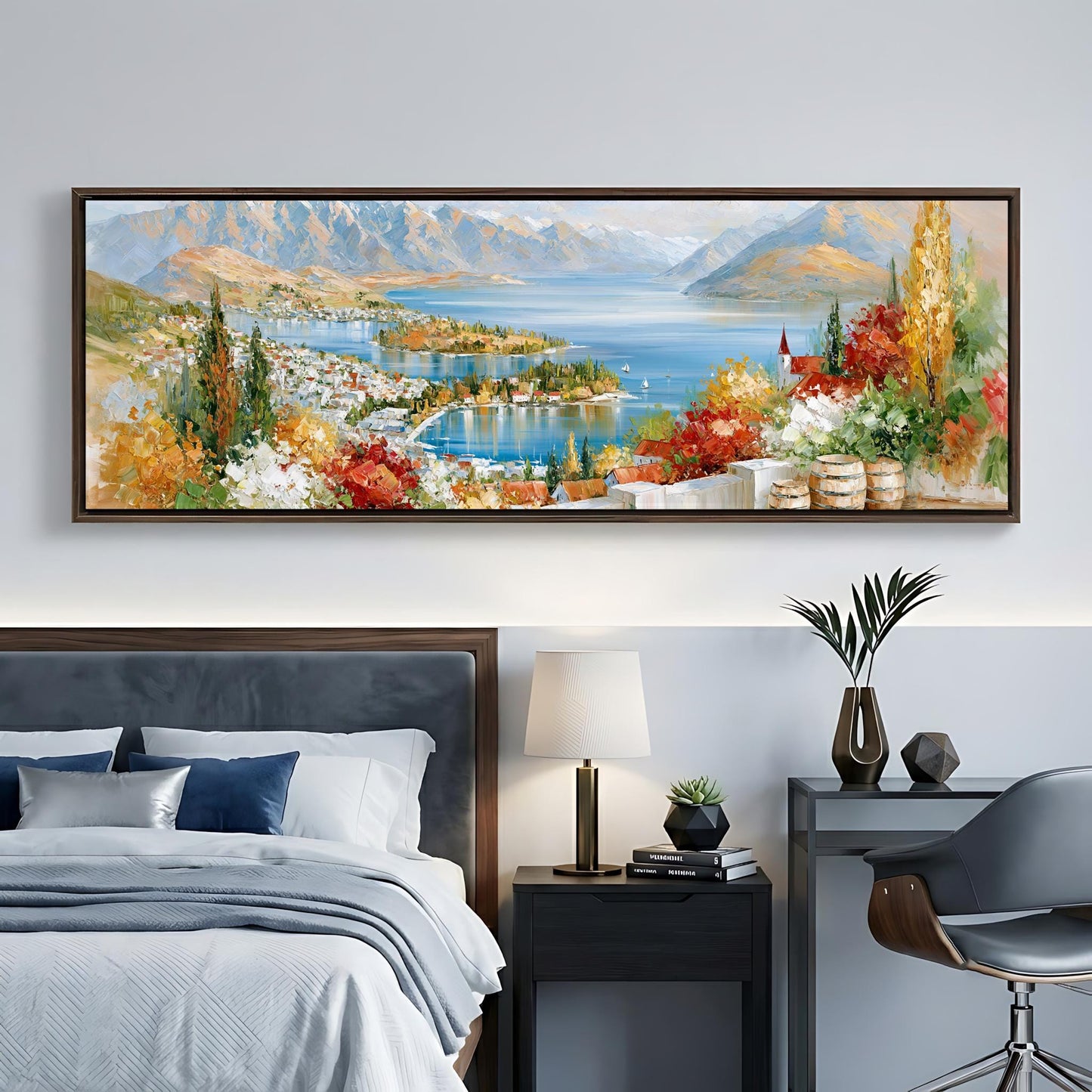 a large, colorful painting of a scenic landscape hanging on a wall above a bed in a bedroom setting.