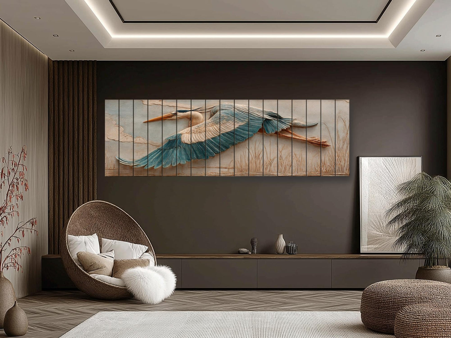 Heron Wood Wall Art - Rustic Nature Decor | Elegant Bird Poster on Wood Plank