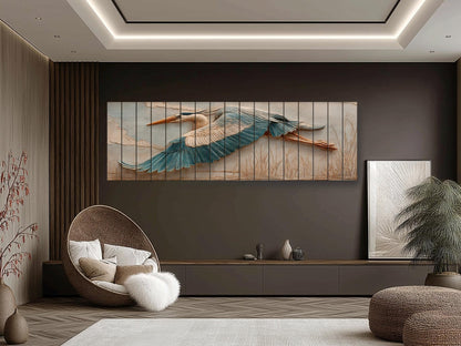 Heron Wood Wall Art - Rustic Nature Decor | Elegant Bird Poster on Wood Plank
