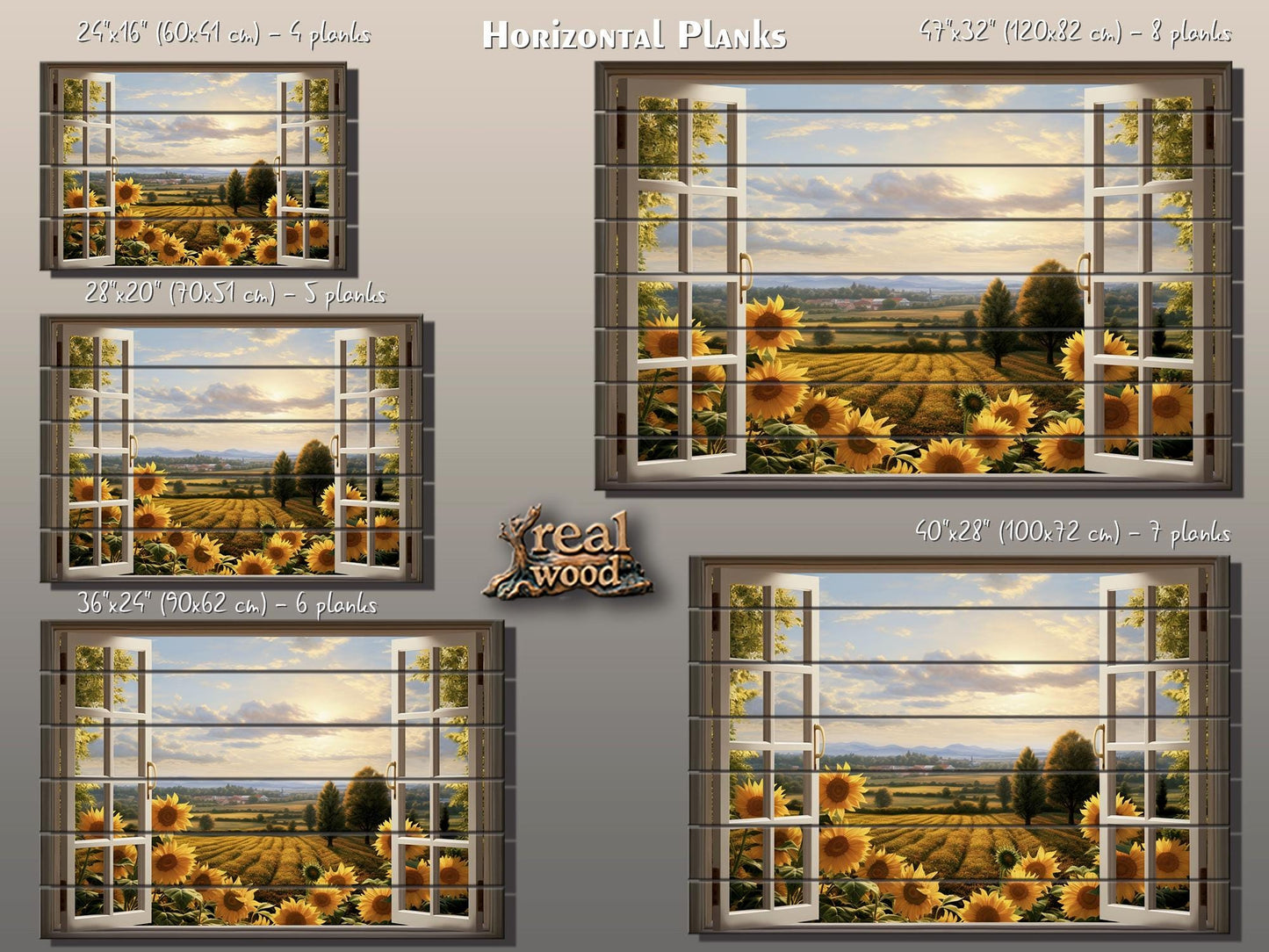 Rustic Wood Wall Art – Sunflowers Wall Art with Open Window Field View Print