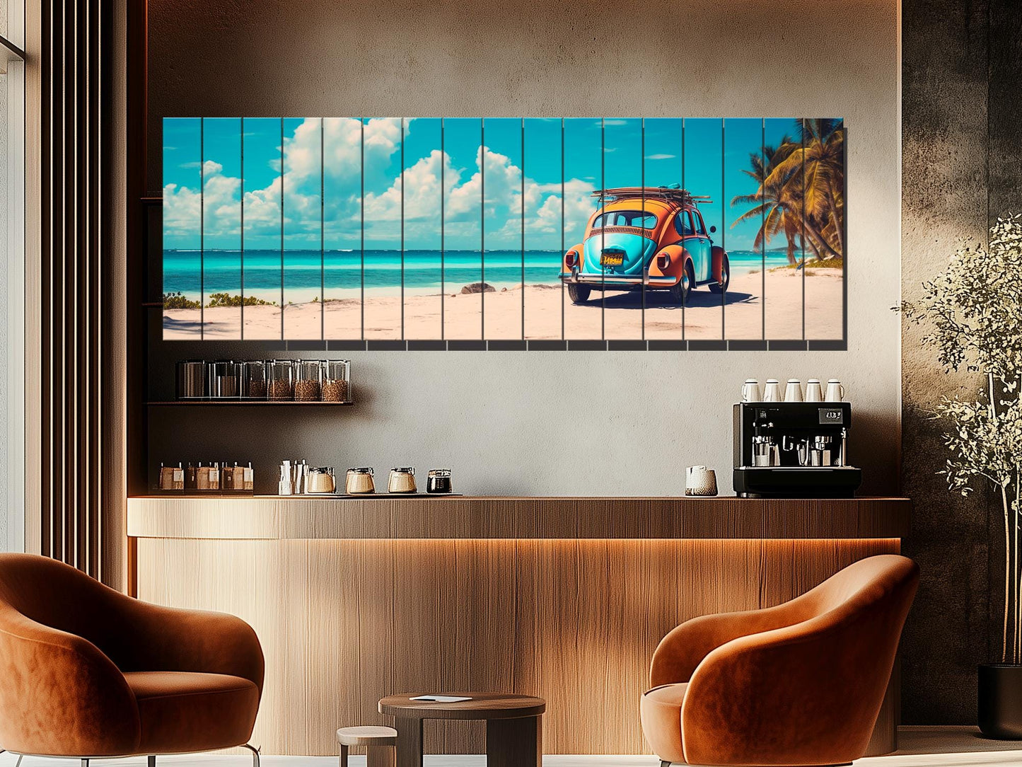 Wood Wall Art – Cancun Landscape Art | Retro Taxi Poster on Natural Wood Print