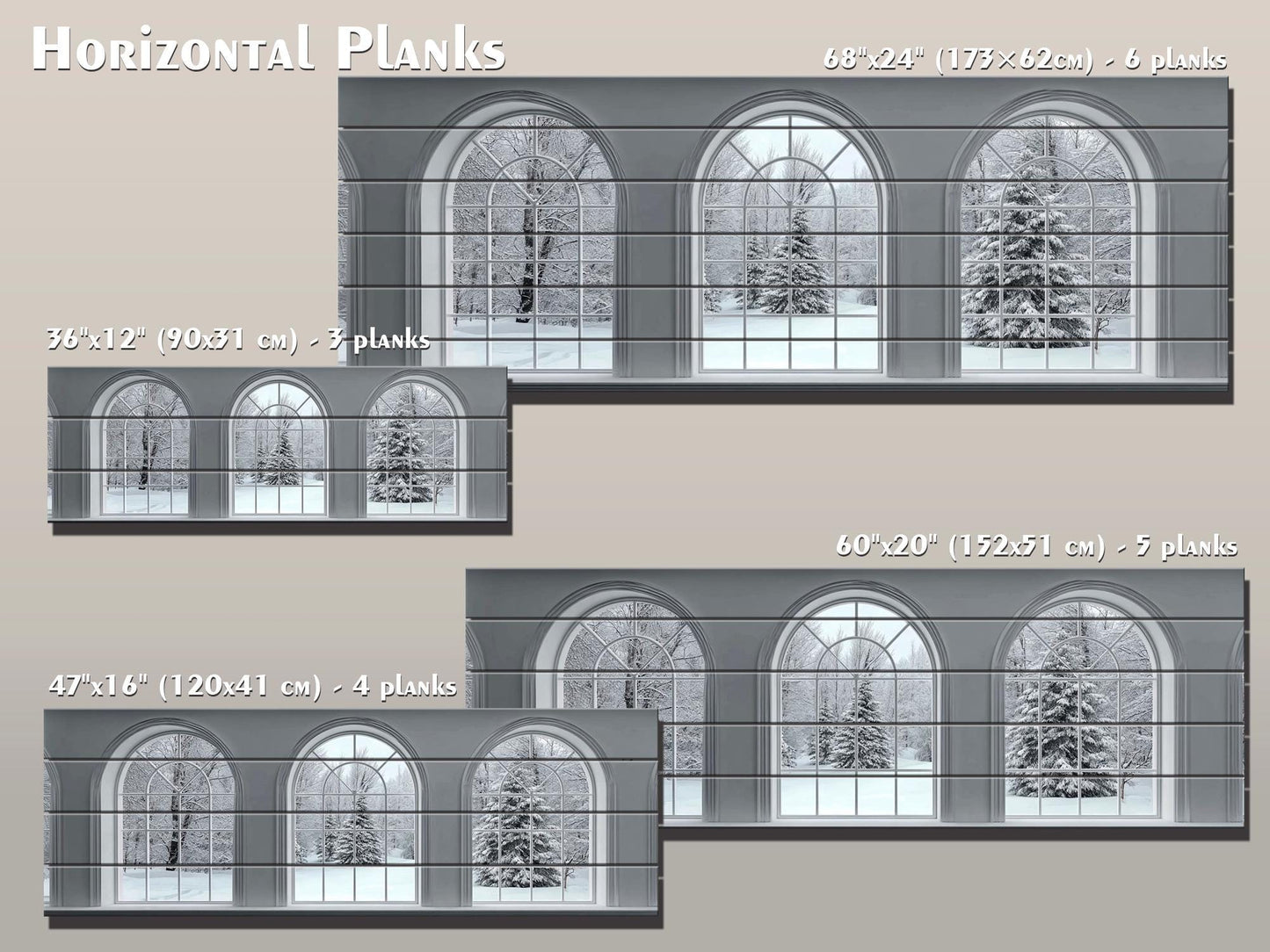 Winter Windows Print on Wood – Snowy Landscape Wall Art, Rustic White Arched Window Decor