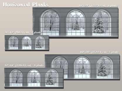 Winter Windows Print on Wood – Snowy Landscape Wall Art, Rustic White Arched Window Decor