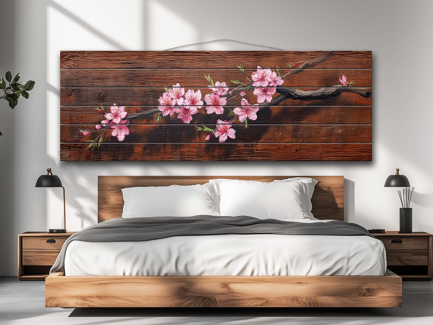 Sakura Branch Wood Art – Japanese Cherry Blossom Print on Natural Wood Wall Decor