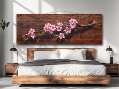 Sakura Branch Wood Art – Japanese Cherry Blossom Print on Natural Wood Wall Decor