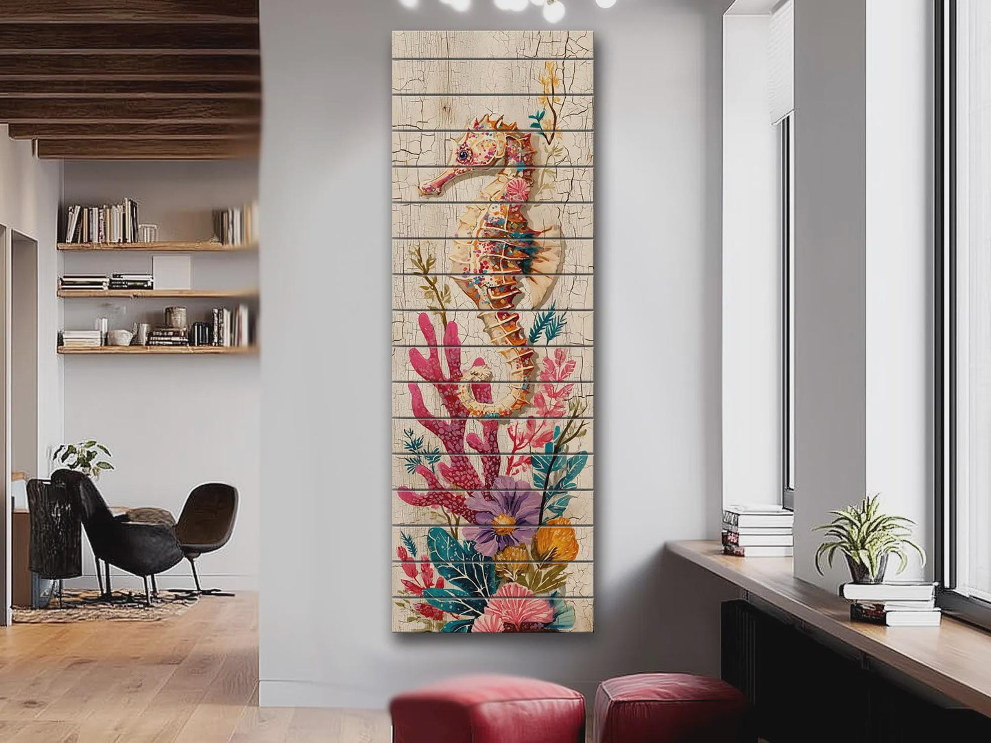 Rustic Nautical Wall Art – Seahorse Wood Print on Natural Wood Plank – Coastal Decor