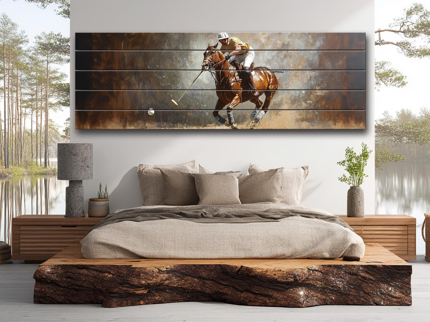 Abstract Polo Painting On Natural Wood – Outdoor Sports Wall Art