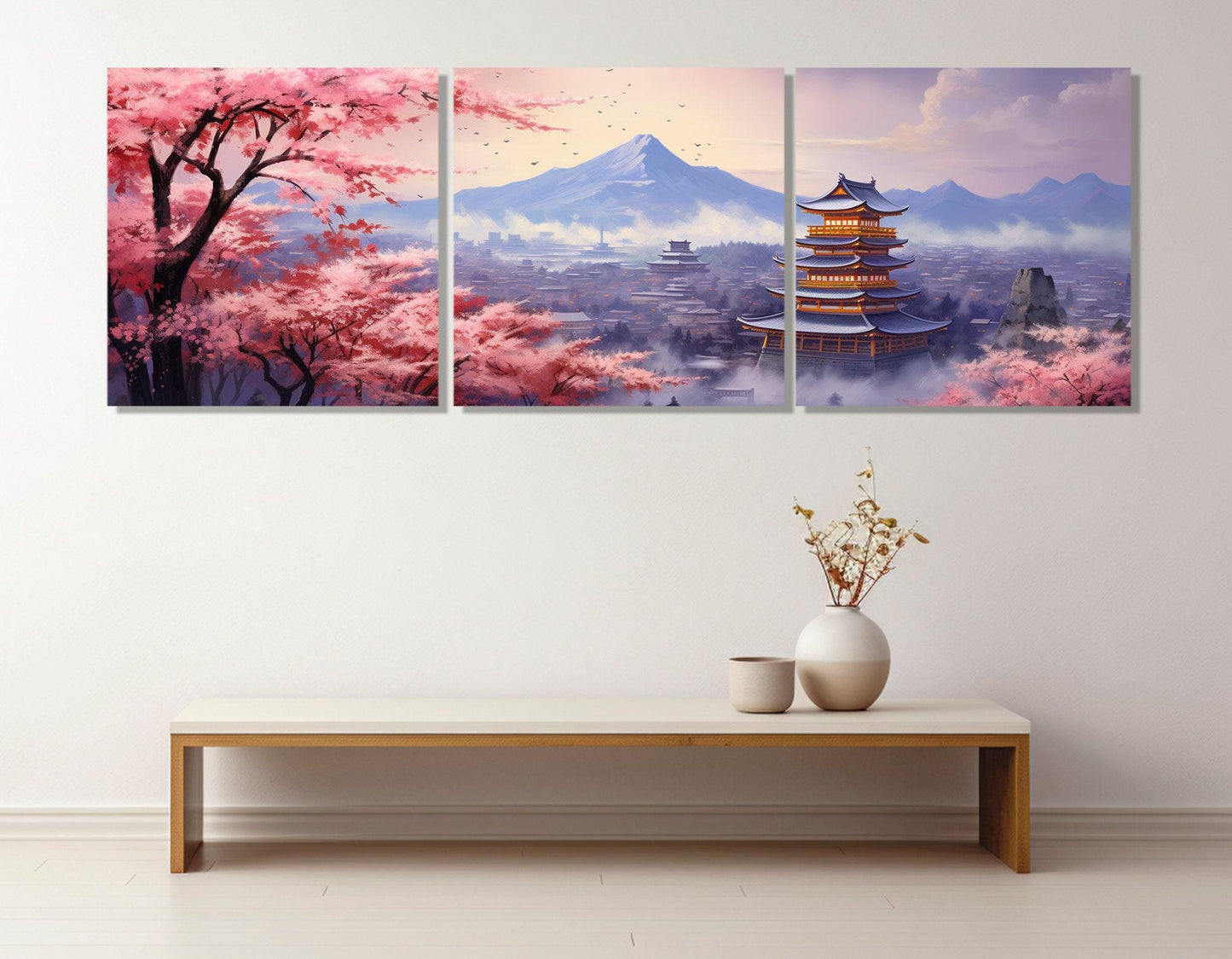 Fuji Mountain Canvas Print - Panoramic Sakura Blossom Japanese Wall Art, Ready to Hang