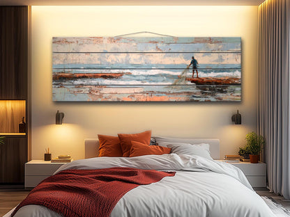 Fisherman Print Wood - Rustic Coastal Wall Art With Sea Nets & Calm Sky Painting