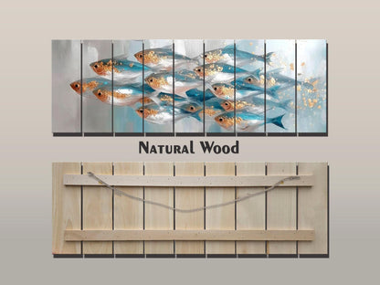 School of Fish Print on Wood, Marine Abstract Painting, Coastal Wall Art