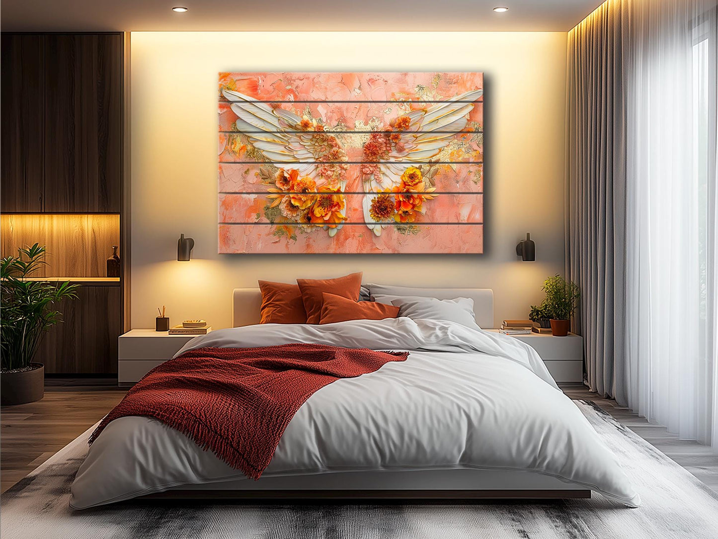 Wood Wall Art – Angel Wings Painting on Wood Planks | Rustic Religious Decor
