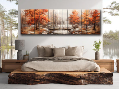 Rustic Autumn Wall Art - Wooden Waterfall Painting On Natural Wood Panel