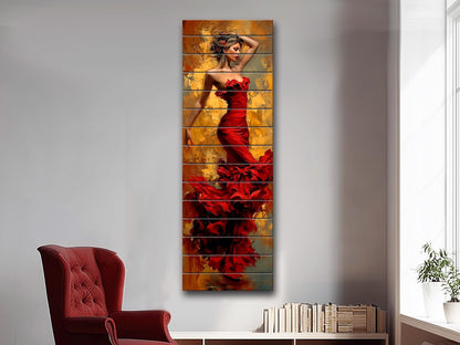 Elegant Woman in Red Dress Print on Wood – Lady in Red Oil Painting Style