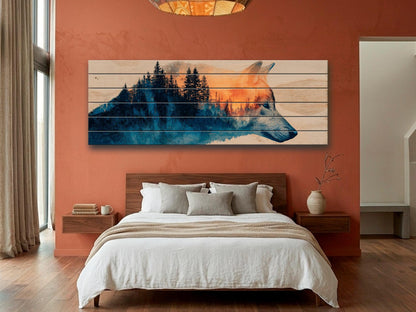 Wolf Silhouette with Forest Print on Wood, Rustic Wildlife Wall