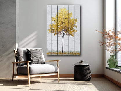 Golden Tree Wall Art – Elegant Rustic Wood Print With Gold Leaf Tree Design