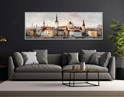 Vintage Tallinn Old Town Canvas Print, Retro Estonia Painting, Framed and Ready to Hang