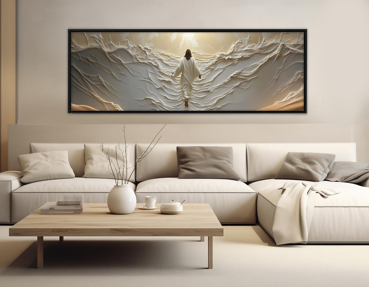 Jesus Walking on Water Canvas – Soft White Tones Painting | Framed Canvas Wall Art