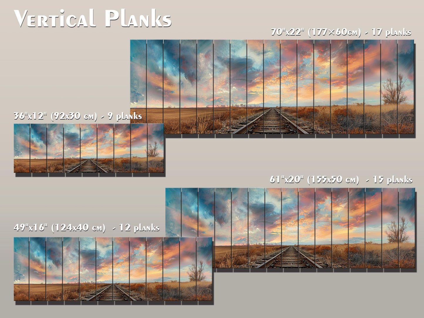 Wood Wall Art – Railway Through Field Print On Natural Wood Plank Decor
