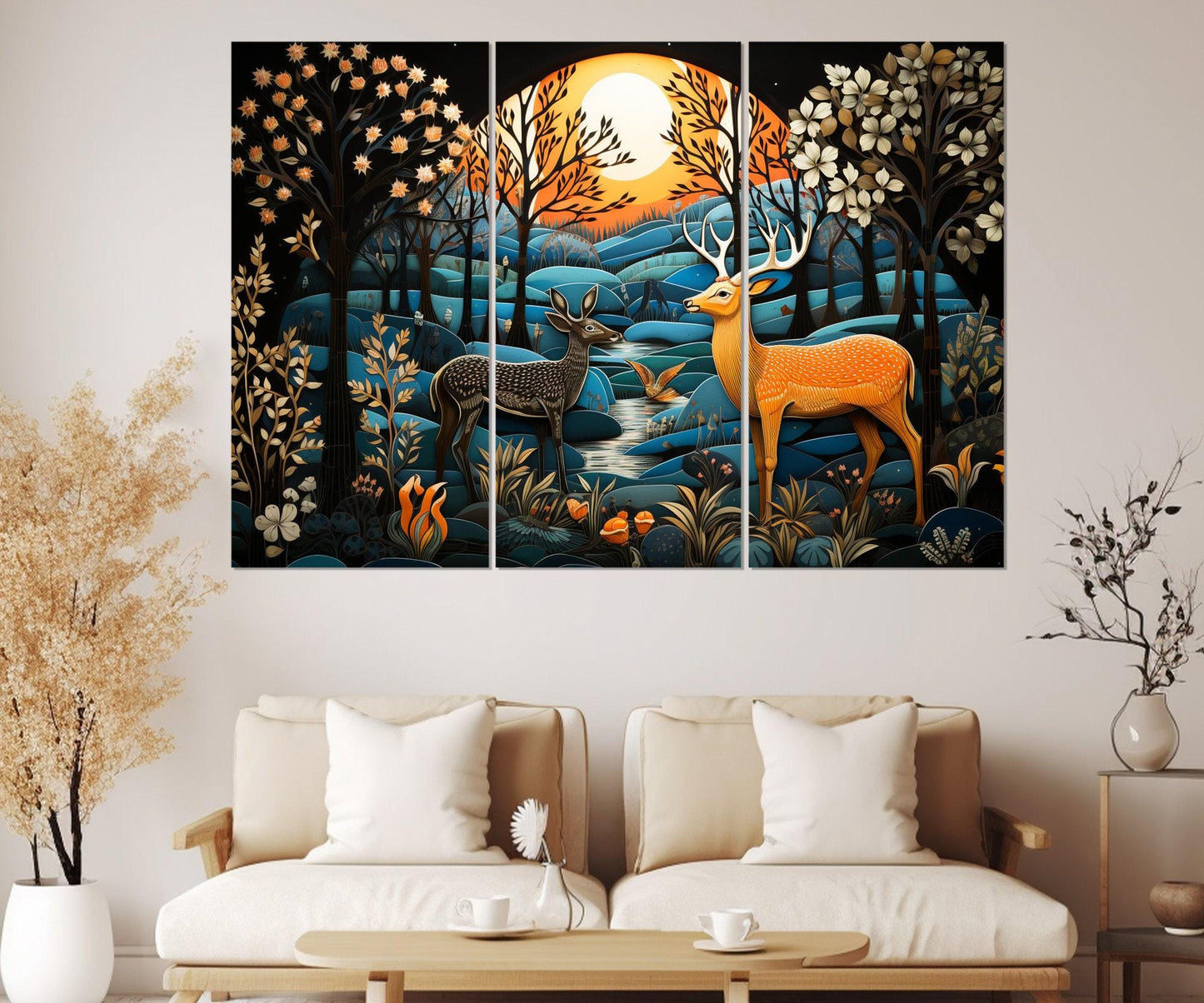 Fantasy Deer Canvas Print – Madhubani Style Framed Wall Art, Ready to Hang