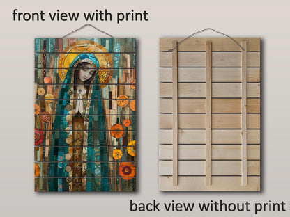 Saint Maria Wood Art – Natural Wood Print | Mosaic Religious Wall Decor
