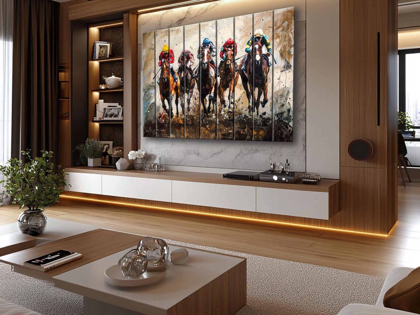 Horse Racing Painting Printed on Wood, Horses Wall Art, Horse Racing Fan Gift, Kentucky Derby Wall Art, Rustic Natural Wood Print